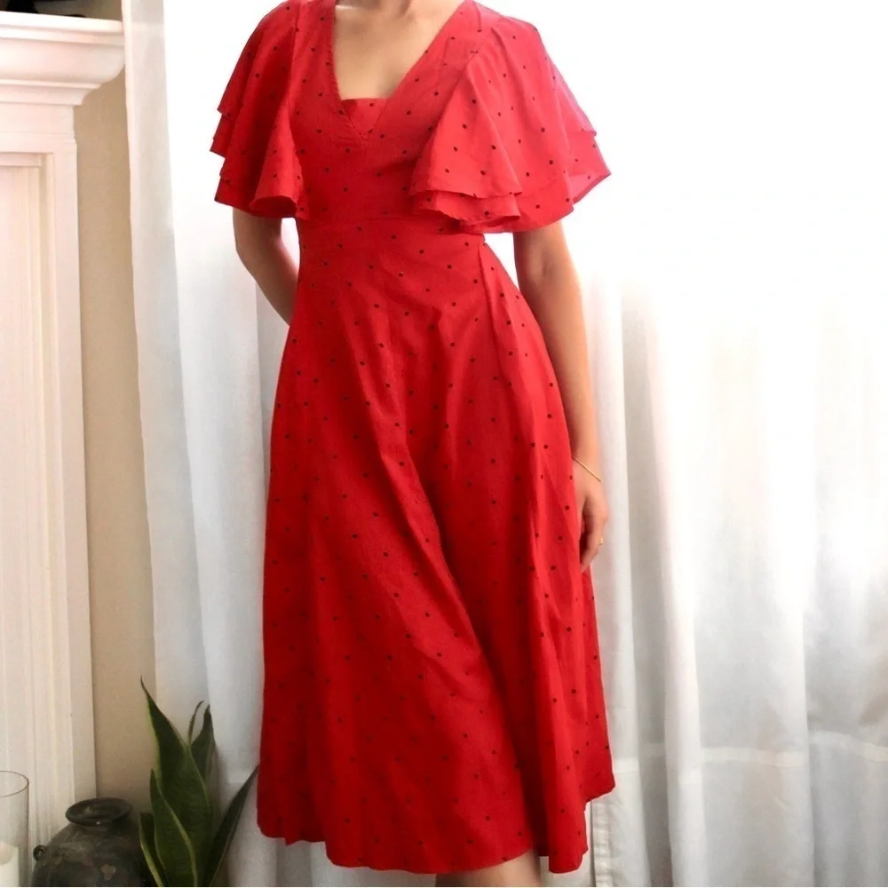 mini polka dot ruffle angel sleeve midi dress​​​​​​​